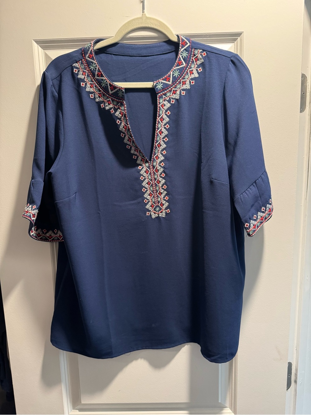 SHEIN Navy Embroidered Split-Neck Blouse